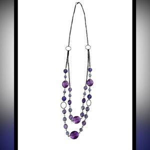 Whimsigoth Double Strand Purple Crystal Statement‎ Necklace - Gunmetal Chain